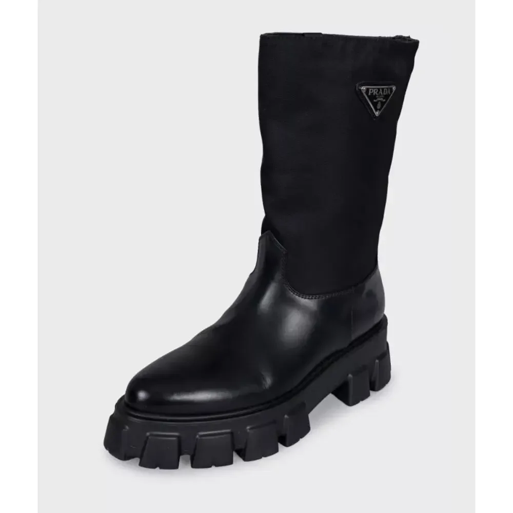Prada Monolith Black Leather Boots with Silver-Tone Logo - EU 39